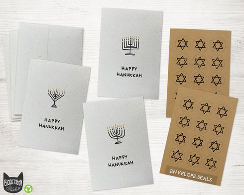 Minimalist Hanukkah Cards Set - 24 Cards with Envelopes and Kraft Seal Stickers