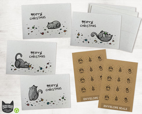 Christmas Kitty Cat Cards Set - 24 Holiday Note Cards with Envelopes & Kraft Seal Stickers