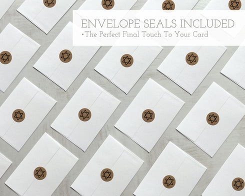 Minimalist Hanukkah Cards Set - 24 Cards with Envelopes and Kraft Seal Stickers