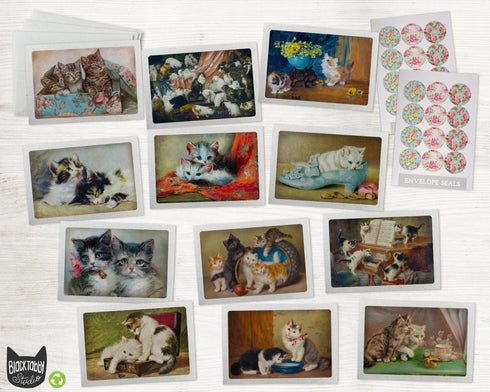Vintage Cats - 24 Note Cards & Envelopes with Seal Stickers