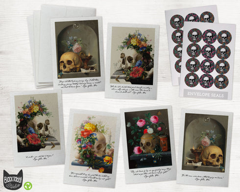 Vintage Still-Life Skulls and Flowers - 24 Note Cards & Envelopes with Seal Stickers