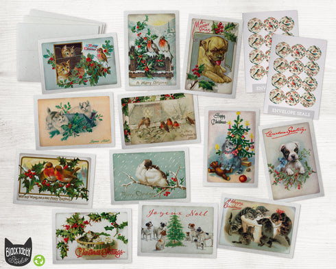 Vintage Christmas Animals - 24 Note Cards & Envelopes with Seal Stickers