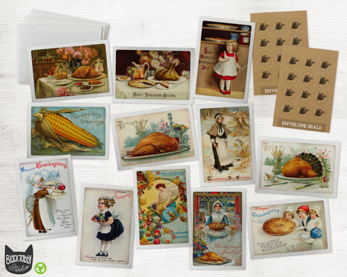 Retro Thanksgiving Dinner - 24 Note Cards & Envelopes with Seal Stickers