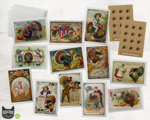Vintage Thanksgiving Turkey - 24 Note Cards & Envelopes with Seal Stickers