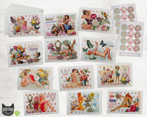 Vintage Pinup Girls Valentines - 24 Note Cards & Envelopes with Seal Stickers