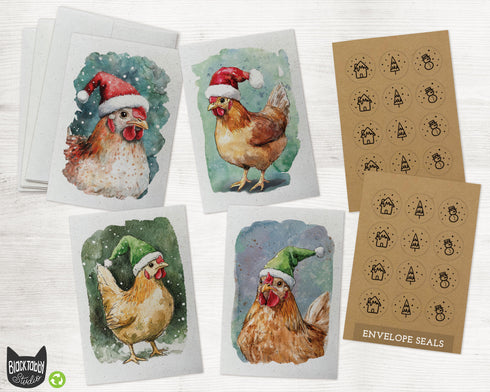 Watercolor Chicken Christmas Cards Set - 24 Note Cards with Envelopes & Kraft Seal Stickers