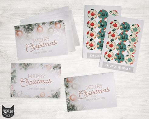 Elegant Baubles & Pine Christmas Cards Set - 24 Holiday Cards & Envelopes with Seal Stickers
