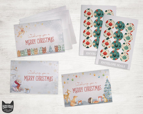 Watercolor Woodland Animals Christmas Cards Set - 24 Holiday Cards & Envelopes with Seal Stickers