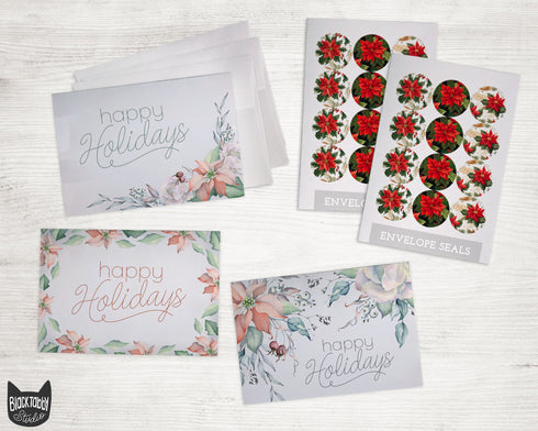Watercolor Poinsettia Christmas Cards Set - 24 Holiday Cards & Envelopes with Seal Stickers