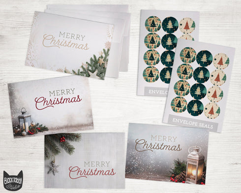 Wood & Pine Christmas Cards Set - 24 Holiday Cards & Envelopes with Seal Stickers