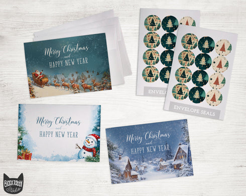Snowed In Christmas Cards Set - 24 Holiday Cards & Envelopes with Seal Stickers