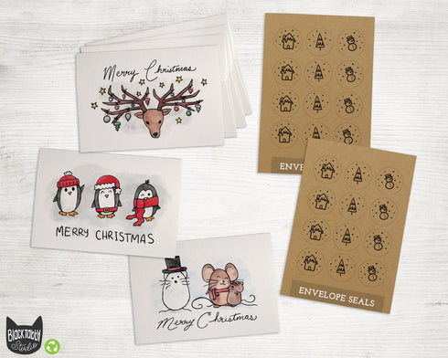 Christmas Creatures Holiday Cards - 24 Note Cards with Envelopes & Sticker Seals