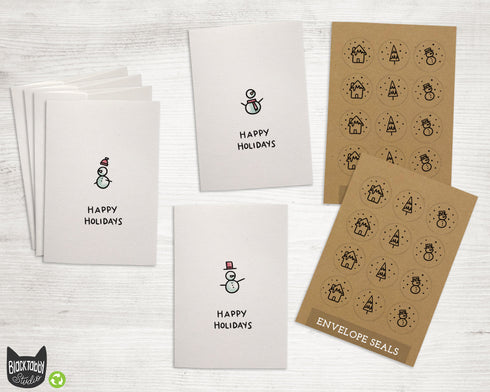 Minimalist Snowmen Collection - 24 Happy Holiday Cards & Envelopes with Seal Stickers