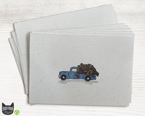 Blue Farm Truck with Flowers - Blank Note Cards