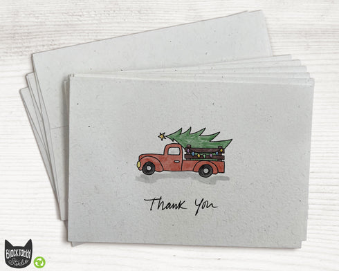 Red Farm Truck with Christmas Tree - Thank You Cards