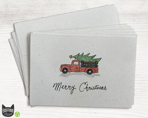 Red Farm Truck with Christmas Tree - Merry Christmas Cards