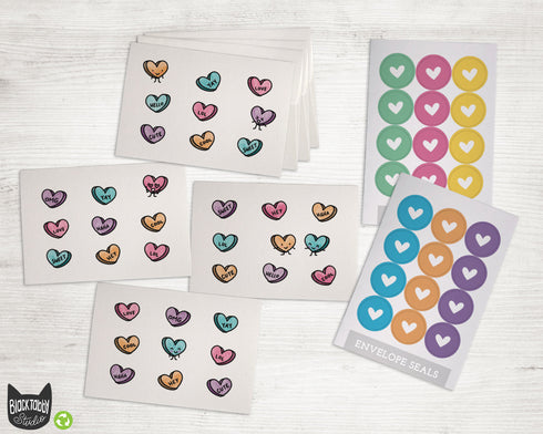 Sweet Candy Hearts Collection - 24 Note Cards & Envelopes with Seal Stickers