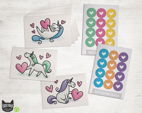 Playful Valentine Unicorns - 24 Note Cards & Envelopes with Seal Stickers