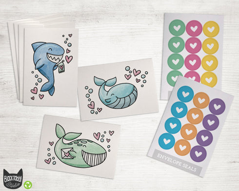 Shark and Whale Valentines - 24 Note Cards & Envelopes with Seal Stickers