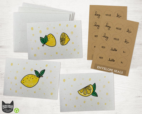 Cute Yellow Lemon Notecards Set - 24 Note Cards with Envelopes & Kraft Seal Stickers
