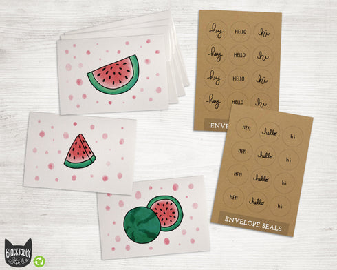 Delicious Red Watermelon Note Cards Set - 24 Cute Note Cards with Envelopes & Kraft Seal Stickers