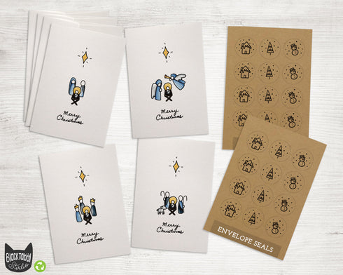 Minimalist Nativity Christmas Cards Set - 24 Cards with Envelopes and Kraft Seal Stickers