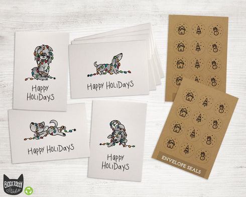 Dogs in Christmas Lights Happy Holidays Greeting Cards - 24 Cards with Envelopes and Kraft Seal Stickers