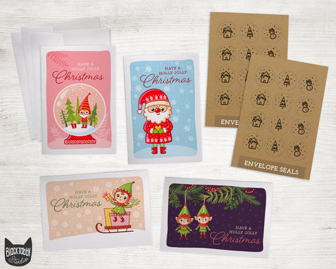 Santa and Elves Collection - 24 Christmas Cards & Envelopes with Seal Stickers