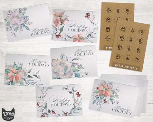 Poinsettia & Rose Holiday Collection - 24 Happy Holiday Cards & Envelopes with Seal Stickers