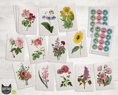 Vintage Flowers - 24 Note Cards & Envelopes with Seal Stickers