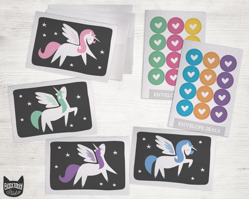 Pretty Flying Unicorns Collection - 24 Note Cards & Envelopes with Seal Stickers