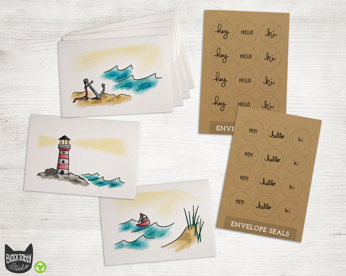 Nautical Note Cards Set - 24 Pack with Envelopes & Kraft Sticker Seals ...